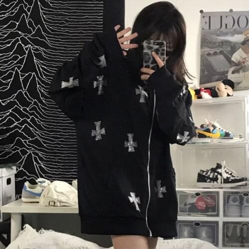 Y2k Women Hip Hop Jacket Coats Korean Fashion Punk Sweatshirt Zipper Rhinestone Gothic Long Sleeve Zip Up Hooded Jackets For Men