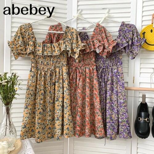 2021 New Summer Sweet All-match square collar puff sleeve Dress ruched slim Ruffles floral short Dress