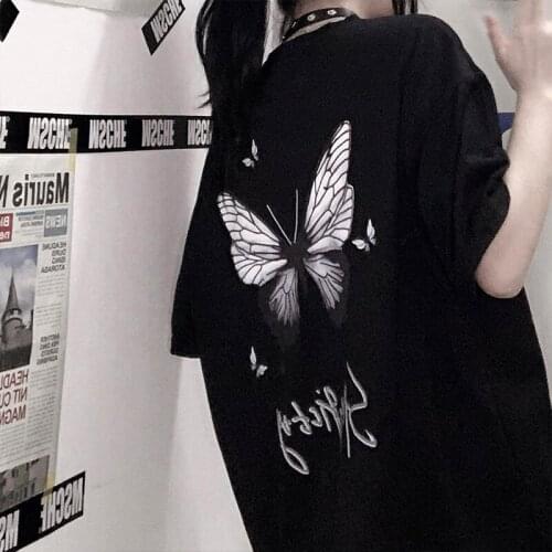 Summer Hip-Hop Punk Dark Butterfly Graphic Womens Short-Sleeved t-Shirt Korean Fashion Oversize Harajuku Kpop Womens Top