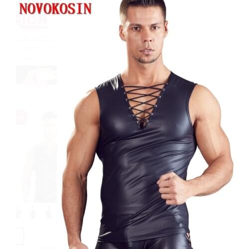 M-2XL 2021 Matte Faux Leather Men Sexy Tight Fitting Tops Tees DS Motorbike Sleeveless PU Vest Bandage Neck Night Club Shirts