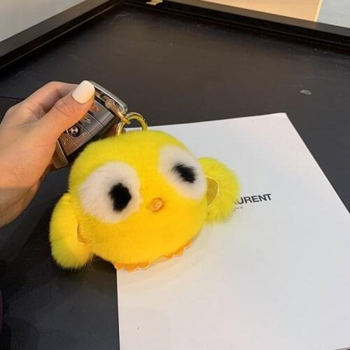Cute Rex Rabbit Fur Little Yellow Duck Plush Keychain Women Bag Ornament Kids Toys Car Metal Keyring Trinket Fluffy Pendant