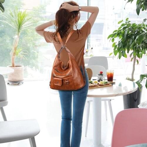 Fashion Crossbody Bag For Women Soft PU Leather Handbags Multi Pockets Shoulder Bag Ladies Solid Bucket Bag