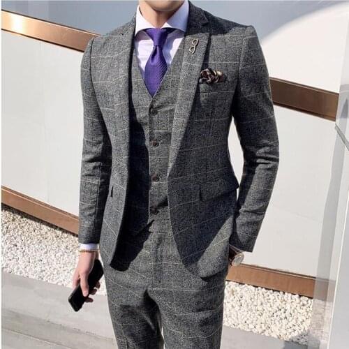 Mens Casual Groom 3-Piece Plaid Suit Set Modern Fit Jacket Wedding Tux Blazer Vest Pants
