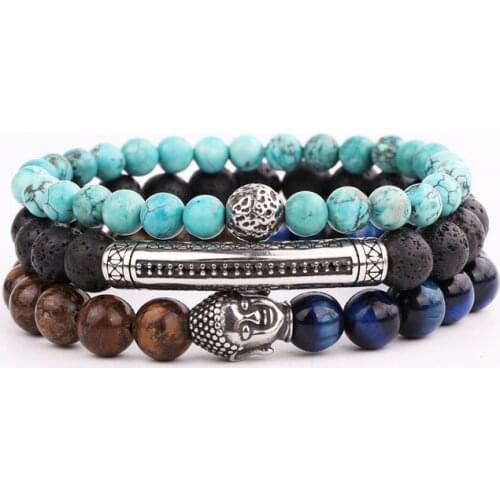 New Fashion Men Jewelry Bracelet Vintage Stainless Steel Buddha Ball Charms Natural Stone Bead Bracelet Men Jewelry Gift