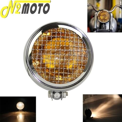 Old School Bottom Mount Motorcycle Front Light Cafe Racer Headlight Housing Mesh Grill Headlamp w/ Net Guard Hi/Lo Beam Lighting