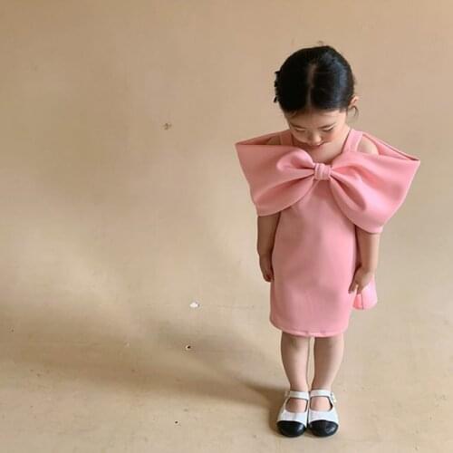 Girls Bow Tie Suspender Dress 2021 Summer New Childrens Korean Cute Sweet Crew Neck Solid Color Princess Dress