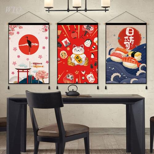 Japanese Sushi Restaurant Style Lucky Cat Retro Posters Canvas Painting Wall Decor Posters Wall Art Picture Room Decor Home Deco