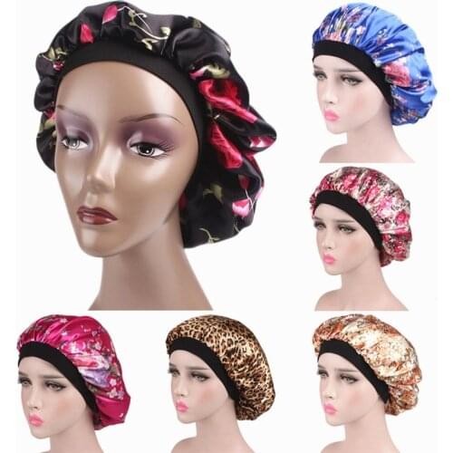 2021 New Women Waterproof Shower Caps Satin Night Sleep Cap Hair Bonnet Hat Silk Head Cover Wide Elastic Band Caps