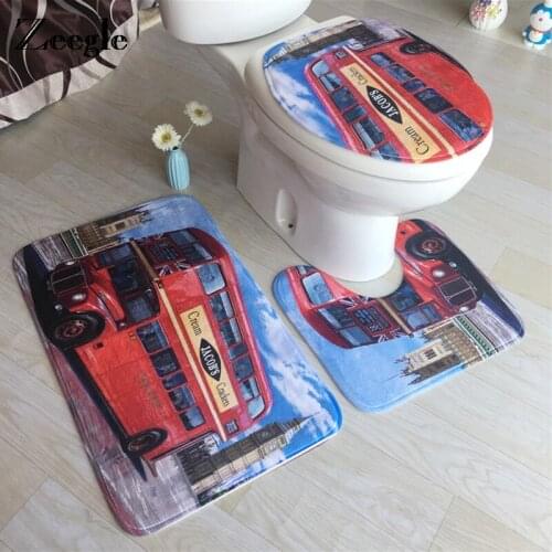 Zeegle 3pcs City Street Printed Flannel Sponge Bathroom Carpets Set Anti-slip Toilet Bath Mats Pedestal Rug Lid Toilet Cover