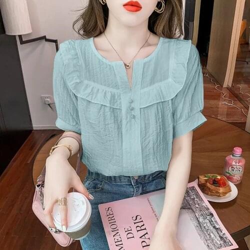 Womens Blouse Office Button V-neck Ruffle Solid Color Clothing Short Sleeve Casual Blusas Mujer De Moda 2021 Verano Elegantes