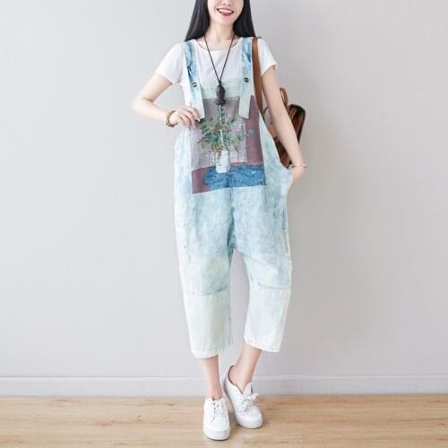 Wide leg Straps Jeans Women Baggy Drop Crotch denim jumpsuit Print Overalls hole ripped Cowboy Rompers Big size Pockets pants