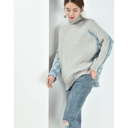 Women Loose Thick Sweaters Ladies High neck plaid Patchwork Knitwear Pullovers Ladies Knitted Tops Casual Spliced Plaid Sweater
