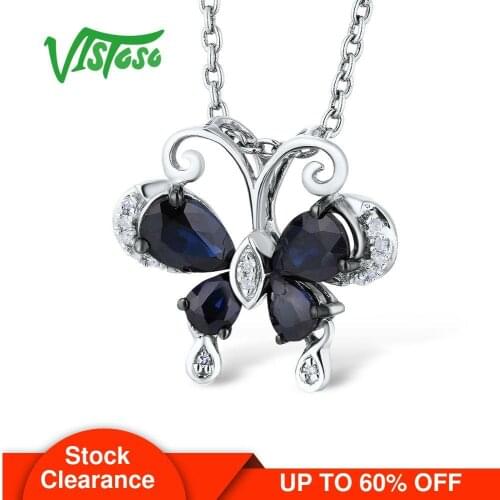 VISTOSO Gold Pendants For Women Pure 14K 585 White Gold Delicate Butterfly Blue Sapphire Sparkling Diamond Elegant Fine Jewelry