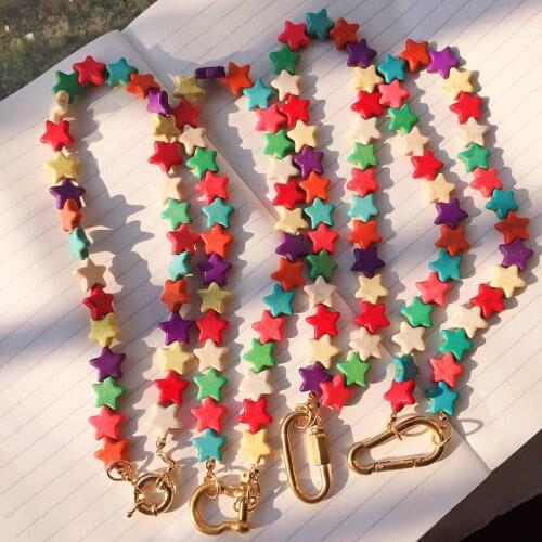 Women fashion short pendant necklace Bohemian colourful natural stone unique collares de moda pentagram shape rainbow choker