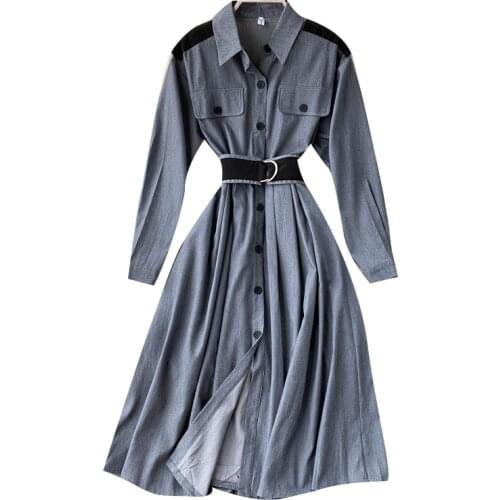 Vintage Stitching Color contrast Shirt Button Dress Women With belt Slim Long-sleeve Temperament Dress 2021 Spring Autumn New