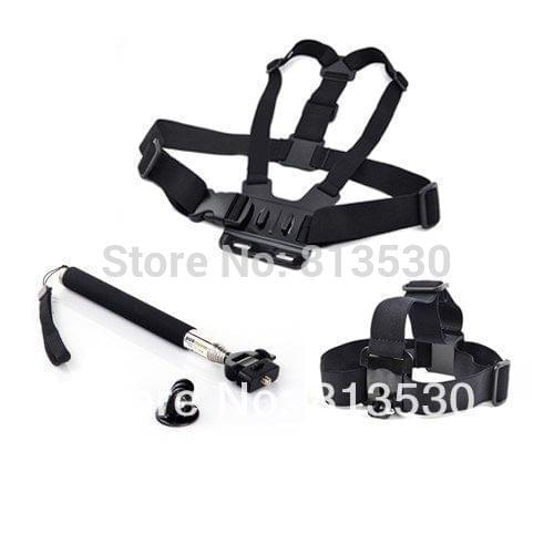 Free Shipping.GoPro Accessories.Chest Strap +Head Strap+Handheld Monopod for Gopro Hero 4 3+ 3 2 SJ4000 SJ5000 SJ6000 Xiaomi Yi