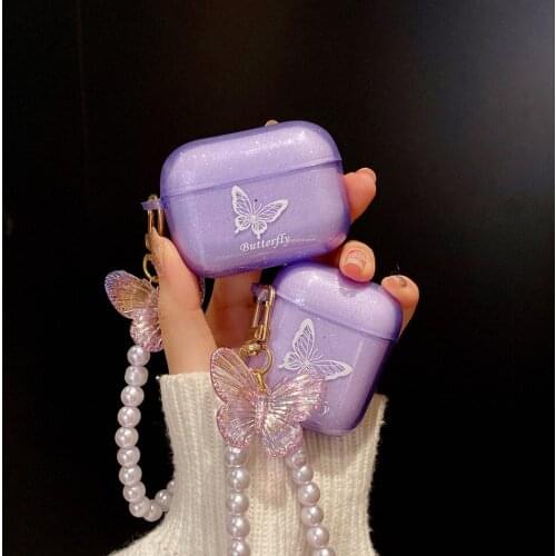 Earphone Case For AirPods Glitter Butterfly Earphones Cover For AirPods 2 3 AirPods Pro Soft Protect Shell with Crystal Lanyards