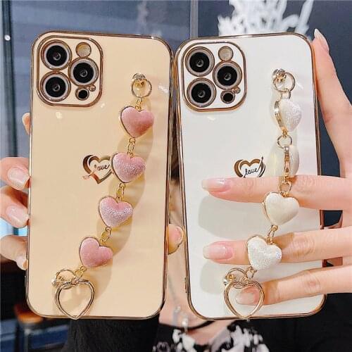Love Heart Wrist Strap Phone Case For iPhone 12 11 Pro Max XR XS Max X 7 8 Plus 12 Mini Bracelet Chian Electroplated Back Cover