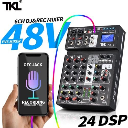 6 Channel DJ Sound Mixer Portable Digital Mixer With 24 DSP Echo OTG Jack USB 48V Phantom Power Sound Card Mixing Console REC