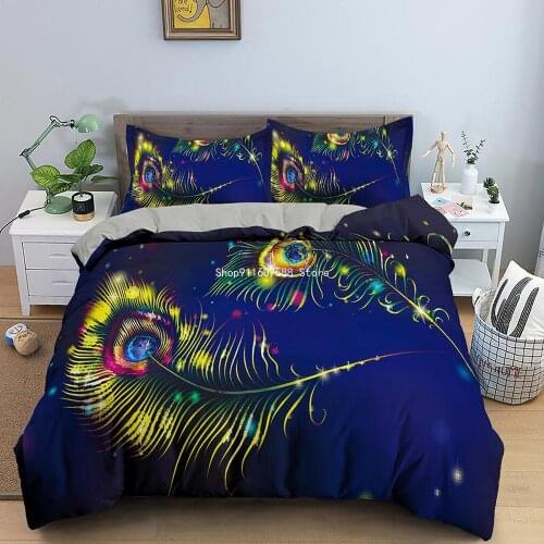 Fashion Peacock Feather Duvet Cover Set Bedding Sets and Pillow Cover Double Single Full Twin King Queen Size for Adults Bedding