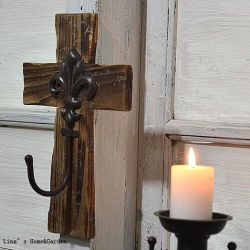 Single Handmade Aged Cross Wood Metal Vintage Wall Hook