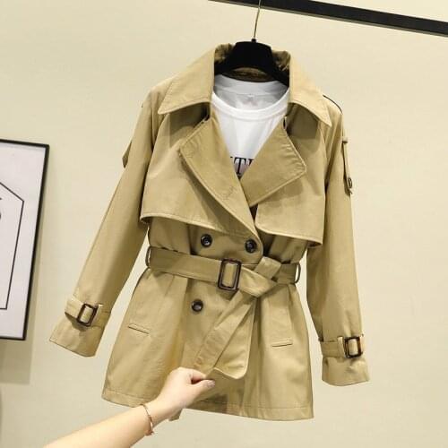 New Fashion Women Short Trench Coat Autumn Winter Vintage Belt Double Breasted Khaki Windbreaker Outwear Slim Office Coat Y538