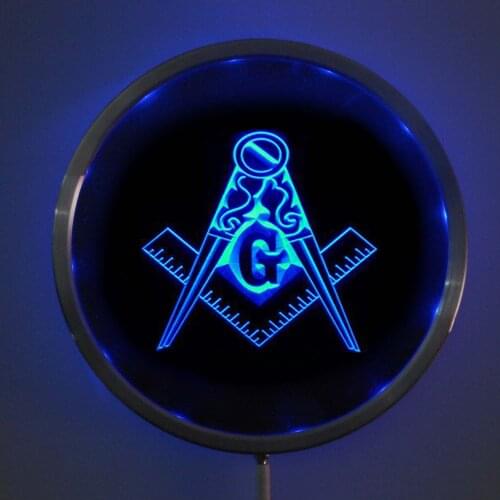 Rs-0710 Masonic Mason Freemason Emblem LED Neon Round Signs 25cm/ 10 Inch - Bar Sign with RGB Multi-Color Remote Wireless