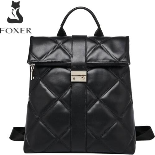 FOXER Ladies Black Microfiber Large Capacity Travel Backpack Fashion Commuter Backpack Women High Quality Portable Diamond Bag