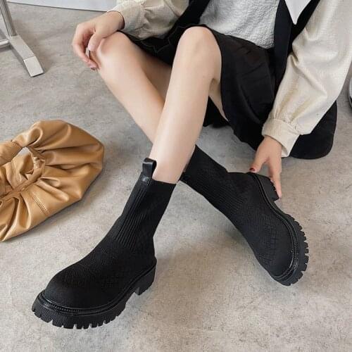 Women New Black Sock Boots Female Elastic Cloth Keep Warm Platform Non-Slip Booties Ladies Simple Casual Comfort Footwear Winter