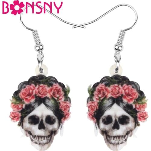 Bonsny Acrylic Halloween Rose Skeleton Skull Earrings Big Dangle Drop Jewellery For Women Girls Fashion Festival Gift Decoration