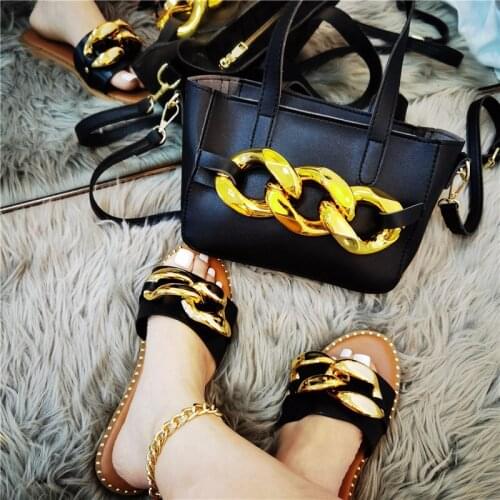 New Summer Womens Big Chain Slippers Ladies Luxury Sandals Casual Flat Slides Female Messenger Bags Fashion Chain Handbag Set