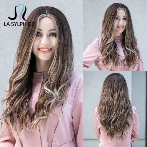 La Sylphide Synthetic Wig Long Curly Dark Brown with Highlight Blonde Middle Part Wigs for Black White Woman Heat Resistant Hair