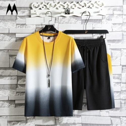Fashion New Summer Mens Short Sleeved Shorts Casual Set Sportswear Street Personality Gradient 2 Piece Tracksuit Men Clothing