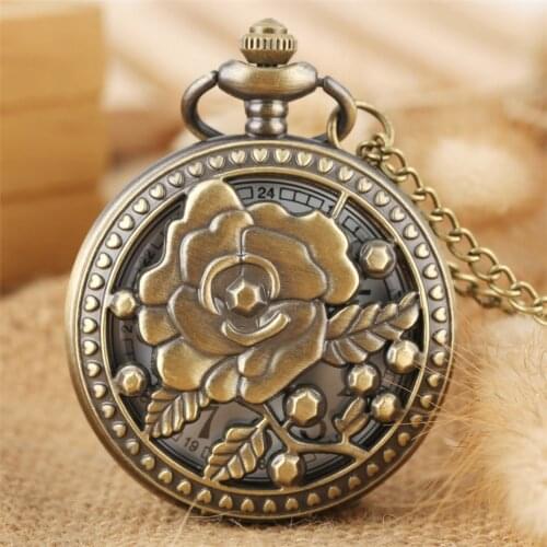 Vintage Charming Hollow Rose Flowers Design Quartz Pocket Watch Bronze Lady Necklace Watch Old Fashioned Pendant Clock