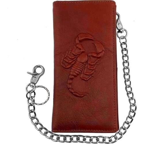 Vintage Men Real Leatehr Long Card Momey wallet Purse with chain