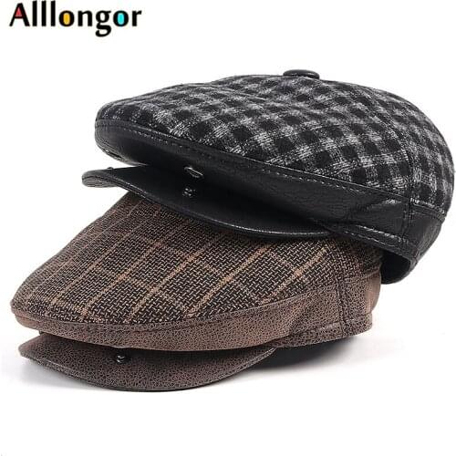 High Quality 2020 Winter Flat Caps Men Ivy Newsboy Berets Hat Dad Plaid Vintage Leather Cotton Earflaps Black Male Driving Caps