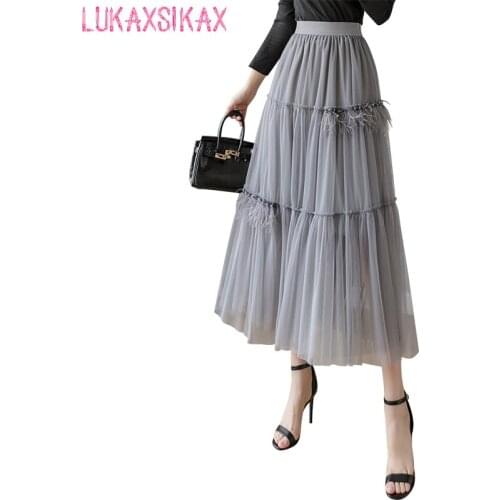 2020 New Spring Summer Women Skirt High Quality Sequined Feathers Patchwork Mesh Tulle Skirt High Waist Pleated Long Skirt