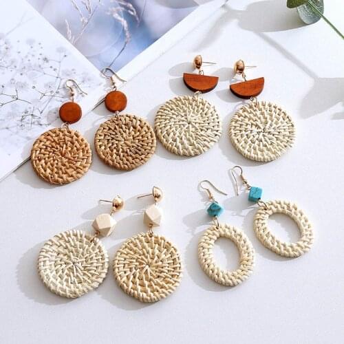 Fashion Bohemian Handmade Wooden Straw Woven Vine Rattan Knit Drop Earrings For Women 2019 Boho Round Geometric Long Earring