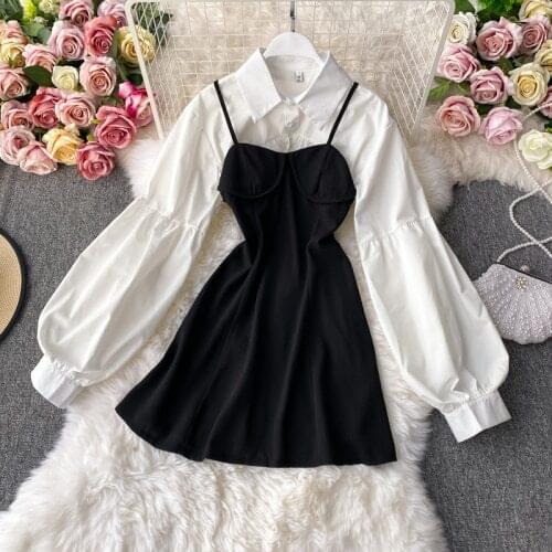Biscuit Bear French Style Elegant Suit Sexy Strapless Dress Slim Fit A-line Women Dress Lantern Sleeve Short Shirts 2 Piece Set