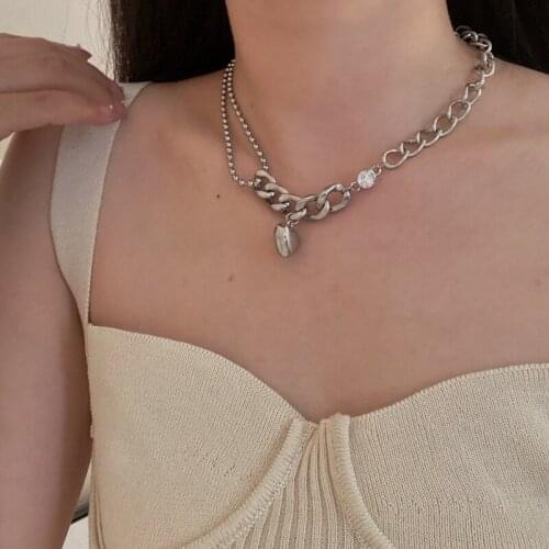 VSnow Textured Stainless Steel Love Heart Chunky Chain Pendant Necklace for Women Asymmetric Rhinestone Beaded Necklace Jewelry