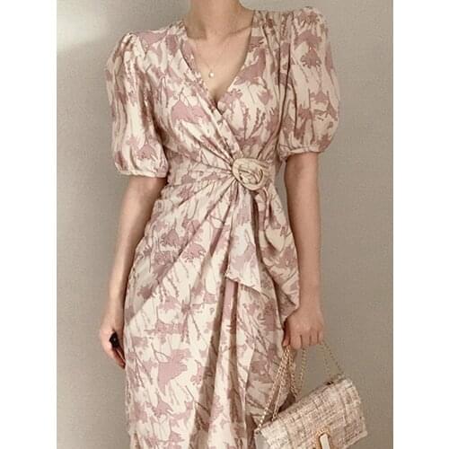 Womens dress 2021 summer fashion pleated design irregular puff sleeve v-neck sexy print dress