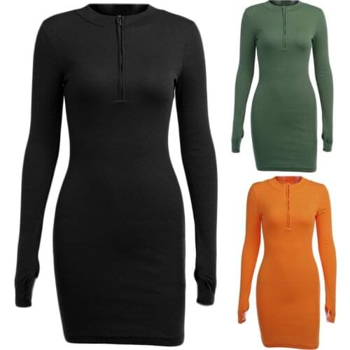 Womens Long Sleeve Ribbed Knitted Bodycon Mini Pencil Dress Half Zip Front Sexy Deep V-Neck Solid Color Stretch Clubwear
