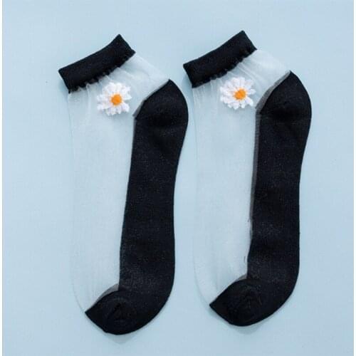 1 Pair New Korean Summer Small Daisy Embroidery Colorful Short Socks For Women Girl Cute Thin Lace Silk Transparent Short Socks