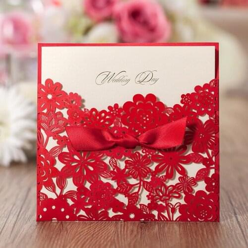 100pcs Wishmade Red Laser Cut Wedding Invitation Cards with Bow Design Cardstock with Envelope for Engagement Bridal Shower
