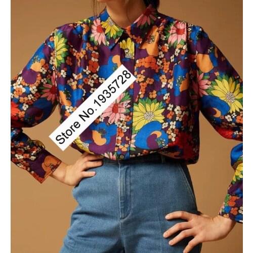 2021 Summer Newest Light Luxury Flower Print Silk Twill Lapel Shirt Top