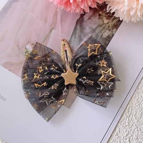 24 PCS/LOT, 3.9 inch Five Star Print Mesh Bow Princess Hair Clips, 2021 New Kids Girls Hair Accessories for Birthday Party Gift