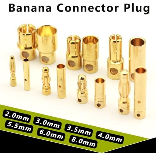 40pcs/lot Gold Bullet Banana Connector plug 2.0mm 3.0mm 3.5mm 4.0mm 5.5mm 6.0mm 8.0MM for ESC Lipo RC battery Plugs (20 pair)