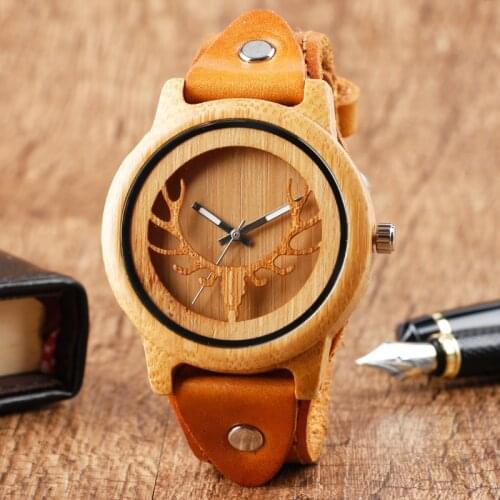 Fashion Mens Wooden Deer Minimalist Modern Punk Quartz Wristwatch Nature Bamboo Wood Women Rock Male Female Reloj Hombre Clock