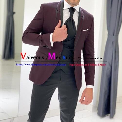 Burgundy Formal Groom Tuxedo 3 Piece Man Fashion Suits with Peaked Lapel Custom Waistcoat Male Set Jacket Pants Wedding Costumes