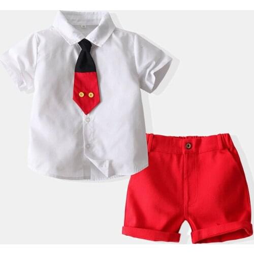 Childrens clothing summer new style childrens boys college style short-sleeved shirt gentleman tie shorts suit 2-piece set